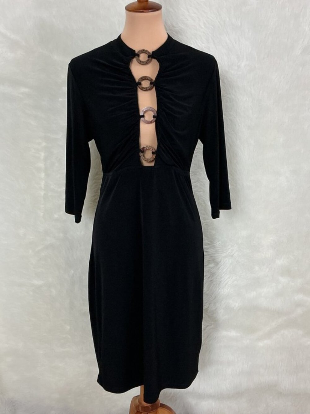 Vintage 90s Black 3/4 Sleeve Plunge Neck Metallic Snake Acrylic Rings Dress M